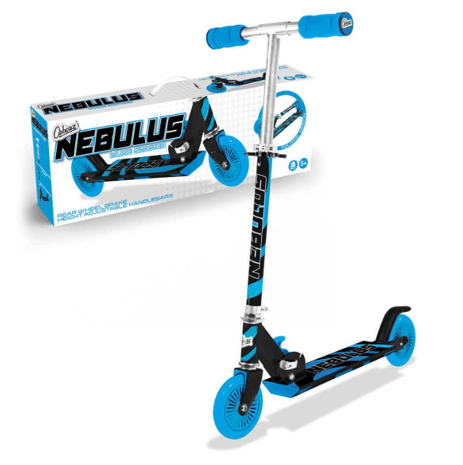 The Ozbozz Nebulus Foldable Kids Kick Scooter features a black frame with bold blue accents, adjustable handlebars, and eye-catching blue wheels and footpad. With the "NEBULUS" branding on the deck and box, it's perfect for growing kids seeking adventure.