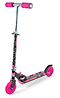The Ozbozz Nebulus Foldable Kids Kick Scooter in black and pink features a sturdy metal frame, an adjustable handlebar, two wheels, pink handlebars and accents, and a folding mechanism for easy storage.