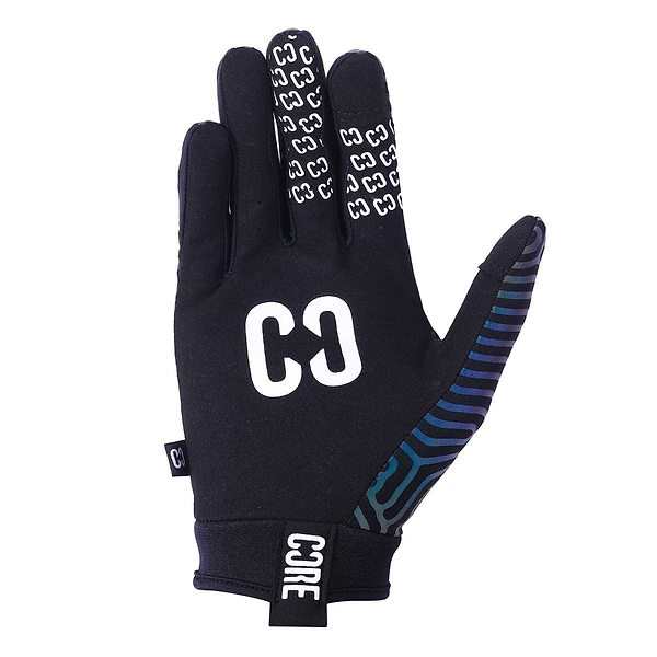 Introducing the CORE Aero Skate Protection Gloves - Neochrome Reflective by CORE, featuring a sleek black design accented with a white "C3" logo on the back. The index finger shares this pattern and is touch screen compatible. The palm boasts a blue and green circuit-like design, enhanced with a "CORE" label at the wrist for that perfect Skin Fit style.