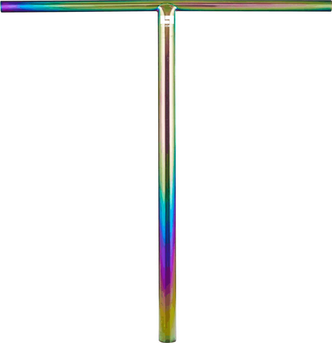 A metallic T-shaped scooter bar, known as the Logic Streetz Steel Standard IHC Stunt Scooter T-Bars, features a stunning neochrome finish, crafted from durable 4130 Chromoly Steel. The vibrant colors seamlessly transition across its surface. This handlebar measures 660mm x 635mm and stands out sharply against a plain white background.