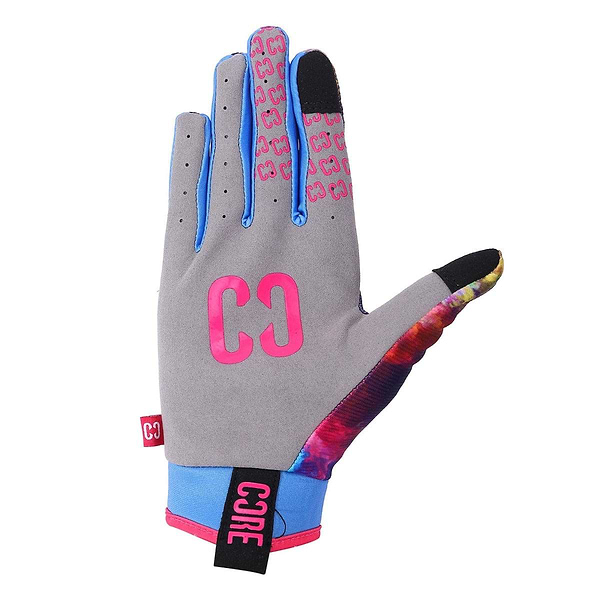Introducing the vibrant CORE Aero Skate Protection Gloves - Neon Galaxy: a colorful glove showcasing gray, blue, and multicolored patterns. Featuring "C3" and "CORE" logos in pink, it offers a grip-enhancing design with individual finger grips on the palm side and includes a wrist strap adorned with a red logo tag. Perfect for any activity!