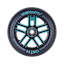 The Oath Binary 110mm Stunt Scooter Wheel in Black / Blue highlights a sophisticated black design paired with turquoise accents and lettering. The inner hub is adorned with a geometric pattern, while the tire boldly displays the "OATH" branding. Equipped with premium Oath Fidelity bearings, this 88DU 110x24mm wheel provides exceptional impact resistance.