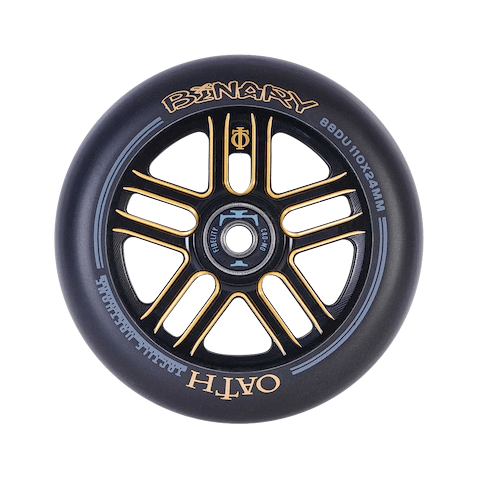 Close-up of the lightweight Oath Binary 110mm Stunt Scooter Wheel, featuring sleek black and orange accents. Displaying "BINARY" and "OATH," this wheel is specified as "88DU" with dimensions of "110x24MM," and comes equipped with Oath Fidelity bearings for improved impact resistance. The central hub exhibits intricate design details.