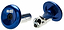 Displayed are two ODI Aluminium Stunt Scooter Bar Ends in blue. One bar end is standing upright showcasing the ODI logo, and the other is positioned on its side, exposing the bolt and mounting mechanism. Ideal for those who desire both style and durability in their handlebar accessories.