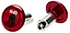The ODI Aluminium Stunt Scooter Bar Ends in metallic red feature a bolt mechanism and an adjustable triple-core design, showcasing the "ODI" logo. Made from durable aluminum, these bar ends are perfect for bike or scooter handlebars and are displayed against a white background.