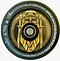 The Infinity Viking 110mm Hollowcore Stunt Scooter Wheel - Odin by Infinity showcases a Norse-themed design with a helmeted warrior and two swords, embraced by runes in gold, silver, and black. Made with lightweight Hollowcore technology and high rebound PU, it merges ancient allure with modern innovation.