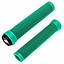 These ODI Longneck SLX Stunt Scooter Grips in mint green are made from durable Krayton rubber, providing an excellent grip with finely crafted ridges. One of the grips is angled slightly to showcase the logo on the end cap, emphasizing its sleek design and functionality.