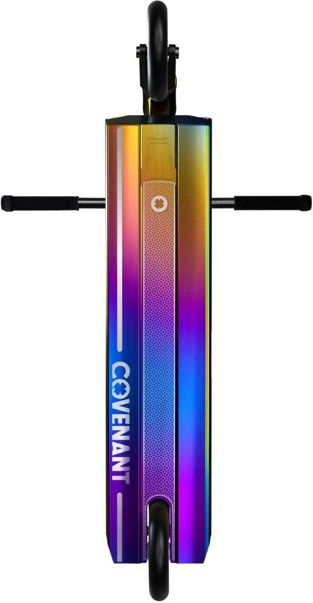 Top view of the vibrant Lucky Covenant 2022 Complete Stunt Scooter by Lucky, featuring an "Oil Slick Neochrome" finish. The design boasts a mesmerizing gradient of blue, purple, orange, and yellow shades, capturing the dynamic flair of a stunt scooter with visible handlebars on either side.