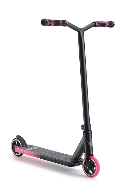 The Blunt Envy ONE S3 Complete Stunt Scooter in Black and Pink boasts a standout design with bold pink handle grips and a matching pink front wheel. Its minimalist deck, paired with a black back wheel, contrasts beautifully against its plain white backdrop, making it ideal for those who desire high-quality pro scooter parts with style.