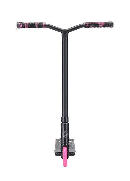 The Blunt Envy ONE S3 Complete Stunt Scooter in Black and Pink is designed with pink highlights on the grips and front wheel. Its deck showcases a subtle pink design, complemented by straight, wide handlebars. Positioned facing forward against a white background, it emphasizes the sleek pro scooter parts characteristic of Blunt Envy.