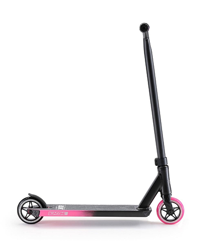 The Blunt Envy ONE S3 Complete Stunt Scooter in Black and Pink showcases a sleek design with pro scooter parts, featuring pink wheels, a black handlebar, and a textured deck for enhanced grip. It's the ideal complete stunt scooter for riders, with a front wheel slightly smaller than the rear.