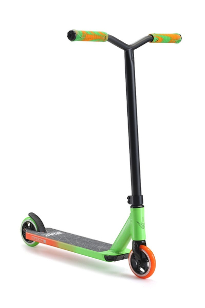 Introducing the Blunt Envy ONE S3 Complete Stunt Scooter in Green/Orange. This vibrant scooter showcases a green deck with orange accents, complemented by its two wheels and black handlebars fitted with orange grips. The sturdy black frame makes it perfect for executing stunts and tricks, catering to both beginner riders eager to master their skills and those in search of pro scooter parts.