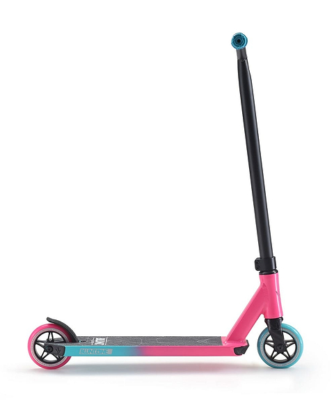 Introducing the Blunt Envy ONE S3 Complete Stunt Scooter in Pink and Teal—a vibrant kick scooter designed for beginner riders. It boasts a colorful pink and turquoise deck, a contrasting pink rear wheel, a teal front wheel, and tall black handlebars that extend vertically for optimal control.