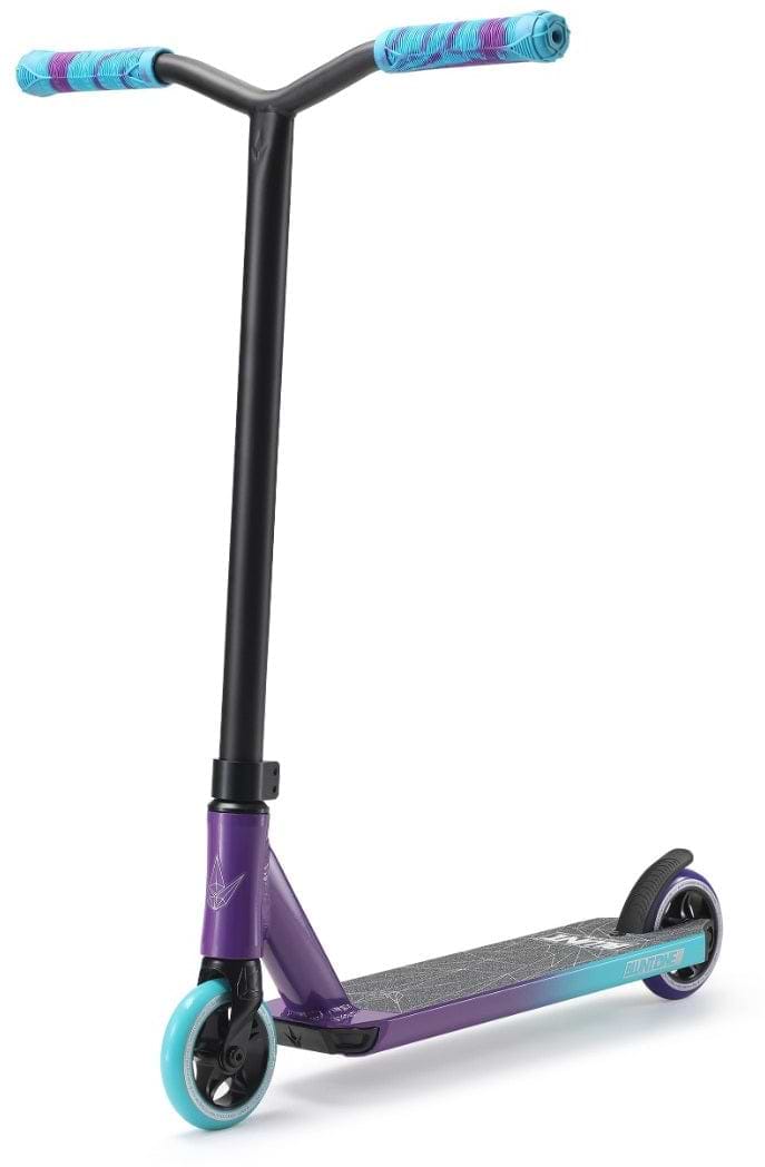The Blunt Envy ONE S3 Complete Stunt Scooter in Purple/Teal offers a sleek design with a sturdy frame and durable components, featuring blue handles and wheels, making it perfect for beginners.