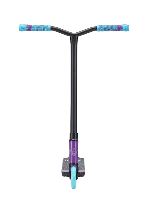 A front view of the Blunt Envy ONE S3 Complete Stunt Scooter highlights its durable pro scooter parts, featuring a black handlebar with purple and teal grips. The base combines purple and black with subtle designs, while the light blue front wheel provides an eye-catching detail.