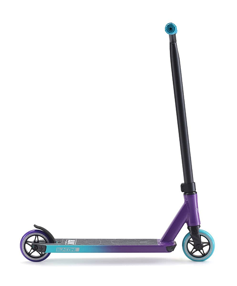 Introducing the Blunt Envy ONE S3 Complete Stunt Scooter in Purple and Teal. This vibrant scooter showcases a durable design with pro parts, including two wheels, a sturdy black handlebar, and a sleek deck. The rear wheel features an eye-catching teal color, while the front wheel sports a black finish with a teal rim. Additionally, the handle is accented by a distinctive blue cap. Ideal for both beginners and experienced riders!