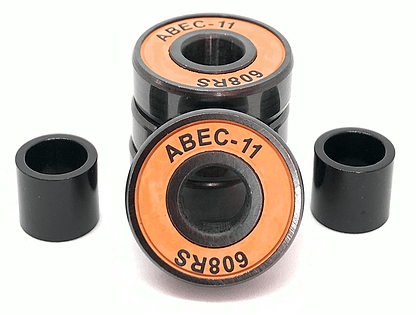 The product image features a set of four Logic ABEC 11 Orange Scooter Bearings with prominent orange labeling, accompanied by two cylindrical spacers on each side against a white background—perfect for professional setups.
