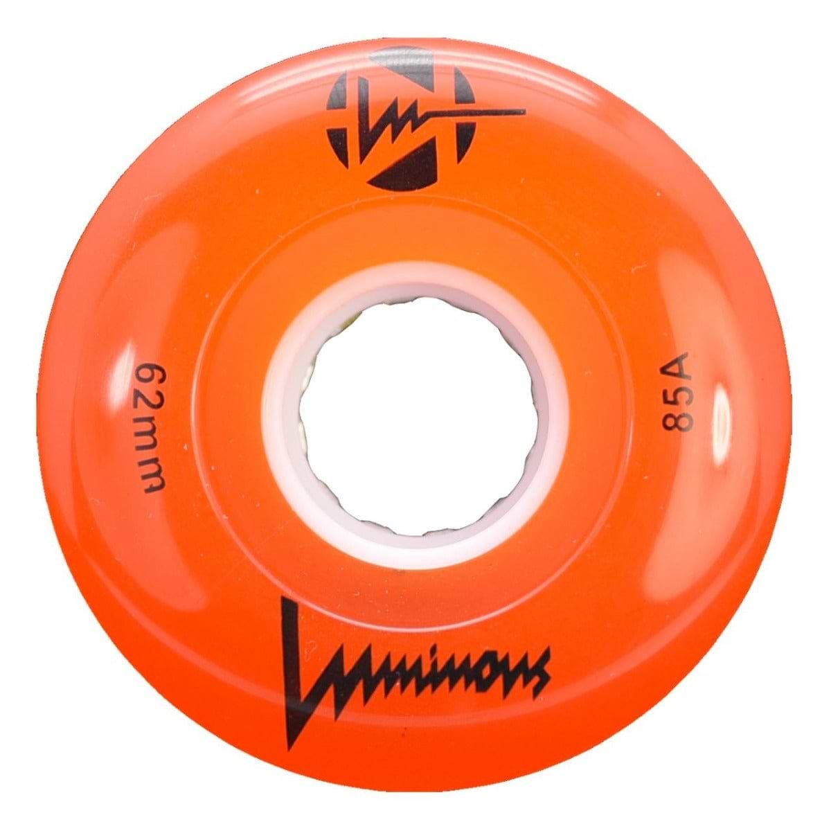 A single Luminous LED 85A Quad Roller Skate Wheel in bright orange, 62mm size, with black graphics and "Luminous Wheels" branding on the surface.