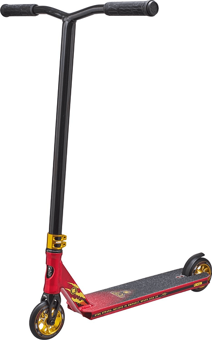The Lucky John Marco Gaydos JMG Signature Complete Stunt Scooter in vibrant red, with striking black and gold details, features a sleek black handlebar and robust deck. It comes with JMG's Signature V3 wheels and a reliable clamp, making the Prospect model perfect for exciting tricks and stunts.