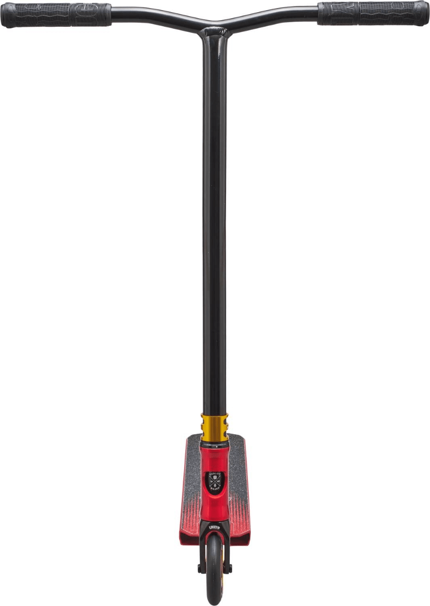 The front view of the Lucky John Marco Gaydos JMG Signature Complete Stunt Scooter - Red showcases a striking stunt design in black and red, enhanced with yellow accents. It is equipped with a T-shaped handlebar and features JMG's Signature V3 wheels on the single front wheel. The deck of the Prospect model boasts a textured pattern for optimal grip.
