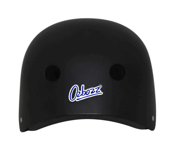 An elegant black sports helmet, known as the Ozbozz Sports Skate / Scooter Helmet, displays the "Ozbozz" logo prominently on the front. It is designed for superior impact absorption and features two circular air vents near the top, with small metal rivets stylishly lining each side along the bottom edge.