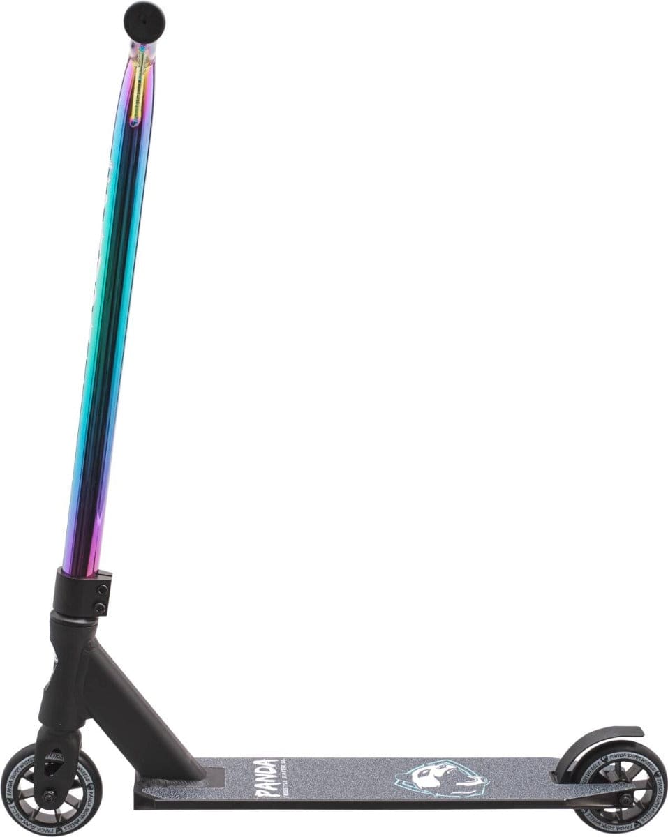 Introducing the Panda Primus Complete Stunt Scooter in Black with a Neochrome Bar, a lightweight option featuring a two-wheel design, non-slip surface, and T-shaped handlebars. Ideal for beginners, it seamlessly combines durability with style.