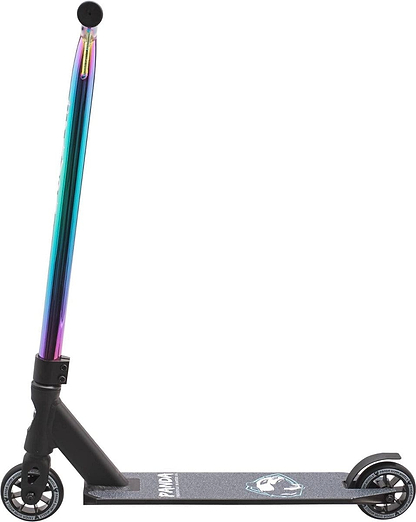 Introducing the Panda Primus Complete Stunt Scooter in Black with a Neochrome Bar, a lightweight option featuring a two-wheel design, non-slip surface, and T-shaped handlebars. Ideal for beginners, it seamlessly combines durability with style.