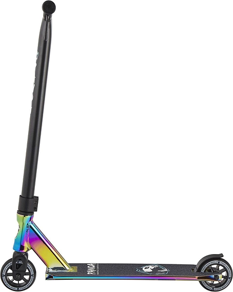 Introducing the Panda Primus Complete Stunt Scooter by Panda, featuring a stylish neochrome deck contrasted with a black handlebar and wheels. This lightweight scooter offers a vibrant design that is ideal for beginners. Presented against a simple white background, it combines durability with modern style.