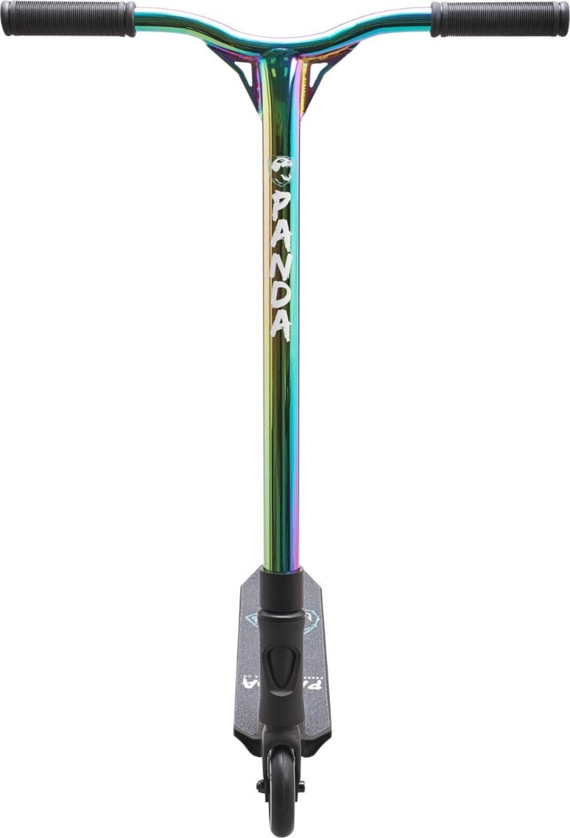 Introducing the Panda Primus Complete Stunt Scooter, featuring a sleek black deck and vibrant neochrome handlebar. The word "PANDA" is prominently displayed vertically on the front. Ideal for beginners, this scooter offers a single front wheel and a textured grip for enhanced handling.