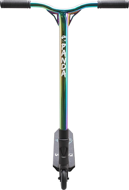 Introducing the Panda Primus Complete Stunt Scooter, featuring a sleek black deck and vibrant neochrome handlebar. The word "PANDA" is prominently displayed vertically on the front. Ideal for beginners, this scooter offers a single front wheel and a textured grip for enhanced handling.