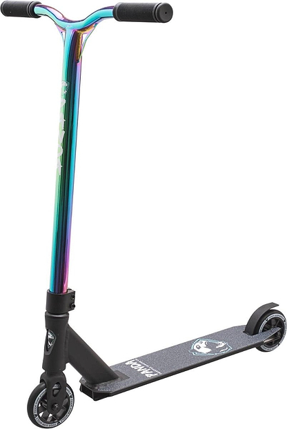 Introducing the Panda Primus Complete Stunt Scooter by Panda, a vibrant and lightweight scooter with a striking neochrome handlebar and sleek black deck. Its compact, black wheels beautifully complement the white logos on the deck. Crafted specifically for beginners, this scooter blends modern elegance with user-friendly design.