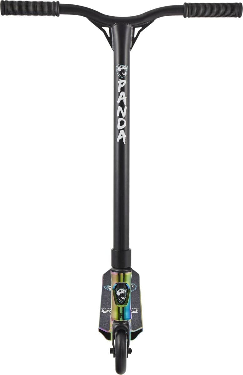 Introducing the Panda Primus Complete Stunt Scooter, featuring "Panda" elegantly printed on the handlebar. This lightweight scooter showcases a durable panda graphic on its deck, accented with a colorful neochrome finish. Ideal for beginner riders, it comes equipped with two grips and a single front wheel for smooth rides.