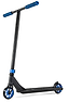 The Ethic DTC Pandora Complete Stunt Scooter (L) – Blue is a street-oriented scooter featuring a black and blue design. It includes a chromoly steel T-bar with vibrant blue grips and wheel rims, complemented by a textured deck surface for enhanced grip. The scooter stands confidently upright on its wheels, making it both stylish and functional.