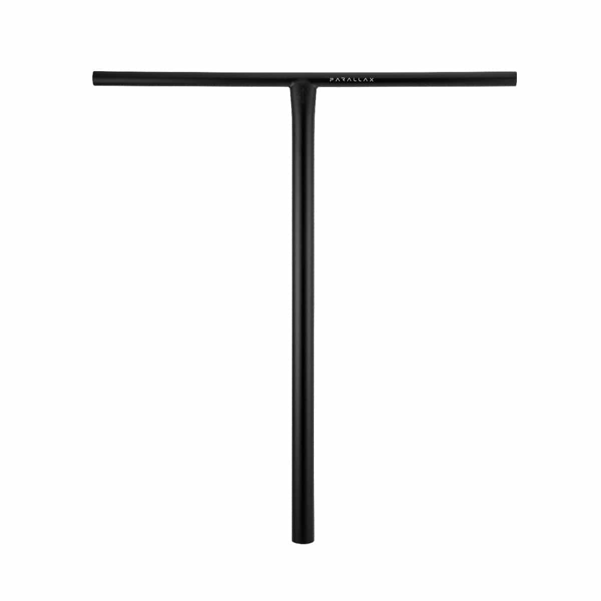 Introducing the Drone Parallax Titanium HIC Stunt Scooter T-Bars in black, measuring 710mm by 630mm. Crafted from premium titanium materials, these T-shaped handlebars boast a sleek, minimalist design with the "Drone" brand name featured near the top. They are compatible with both SCS and HIC compression systems and are showcased against a clean white background.