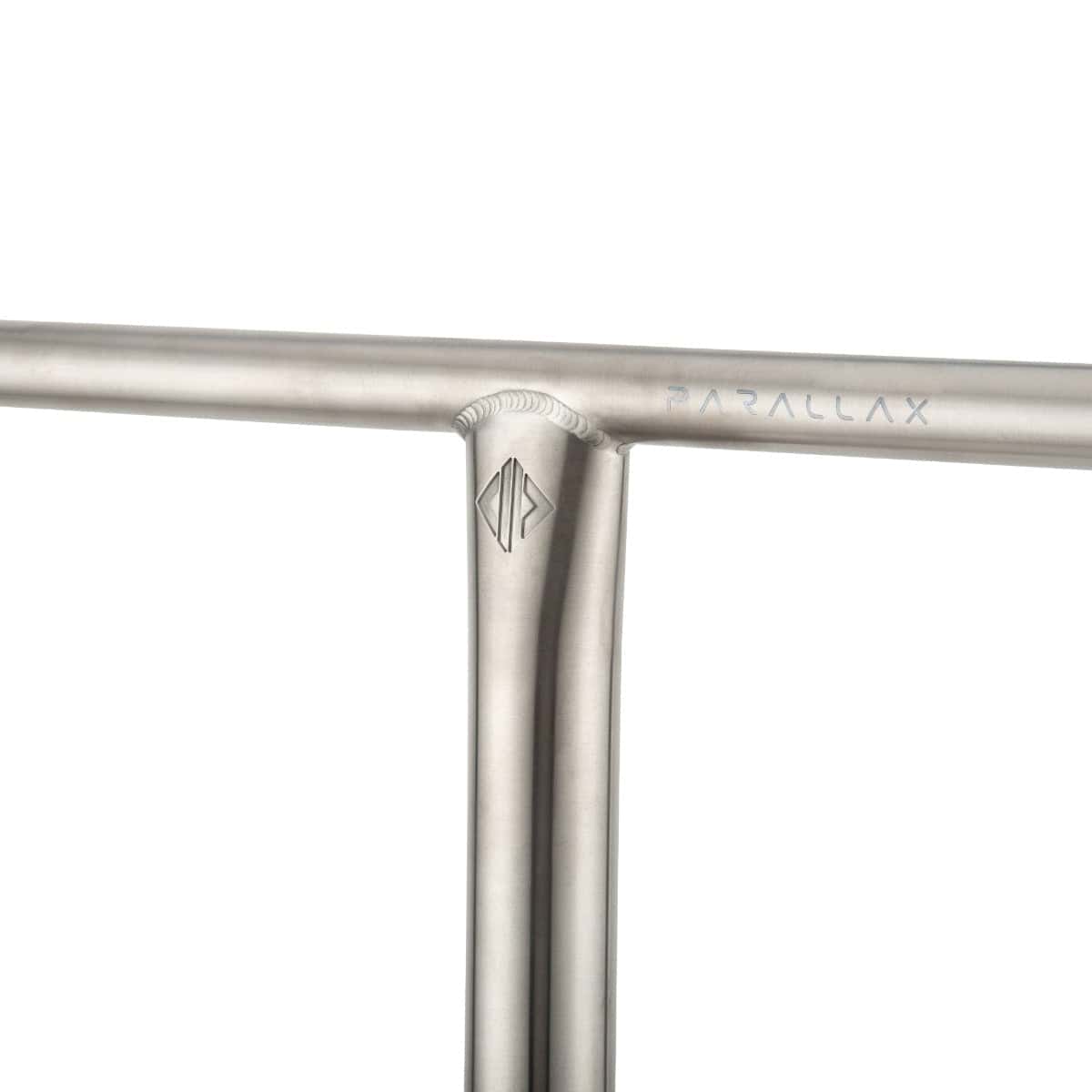 Close-up of premium titanium handlebars on a stylish Drone Parallax Titanium HIC Stunt Scooter, featuring smooth welds and a raw finish. The etched branding "Parallax" near the top accentuates its sophisticated design.