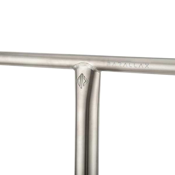 Close-up of premium titanium handlebars on a stylish Drone Parallax Titanium HIC Stunt Scooter, featuring smooth welds and a raw finish. The etched branding "Parallax" near the top accentuates its sophisticated design.