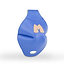 A periwinkle, playful object resembling a three-dimensional sculpture with a stylized 'M' on it, reminiscent of Moxi Skates. The object has a smooth, padded texture and an abstract shape, placed against a plain white background.
