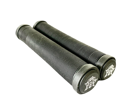 A pair of Revolution Black Stunt Scooter Grips - 172mm, designed with a Super Soft Grip and ridged texture, featuring the brand's logo on the TPR end caps, positioned side by side on a white background.
