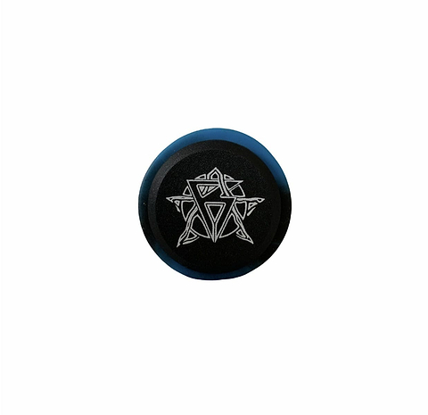 The Revolution Fused Black / Blue Stunt Scooter Grips, measuring 172mm, showcase an intricate geometric star design in white against their circular black surface, bordered with a thin blue outline. Reminiscent of high-quality stunt scooter grips' super soft texture, this stunning piece stands out beautifully against a plain white background.