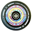 Introducing the Revolution Hollowcore 110mm Stunt Scooter Wheel - Spanner Jones Signature, featuring a vibrant kaleidoscope pattern with an 88A hardness rating. The outer edge proudly displays the Revolution branding. This colorful wheel showcases a symmetrical mandala design complemented by a black outer rim, making it perfect for enhancing your ride.