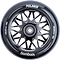 A close-up of the sleek, intricate spoke design on a Longway Polaris 110mm Stunt Scooter Wheel - Black, crafted from durable 6061-T6 alloy. The brand name "Longway" and technical specifications "110x24mm - 88A" are printed on the hollow core surface.