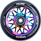 A close-up of the vibrant Longway Polaris 110mm Stunt Scooter Wheel in neochrome highlights its metallic finish with a black outer rim. Made from 6061-T6 alloy, this wheel boasts a distinctive geometric spoke design with "POLARIS" and "110x24mm - 88A" visible on its hollow core.