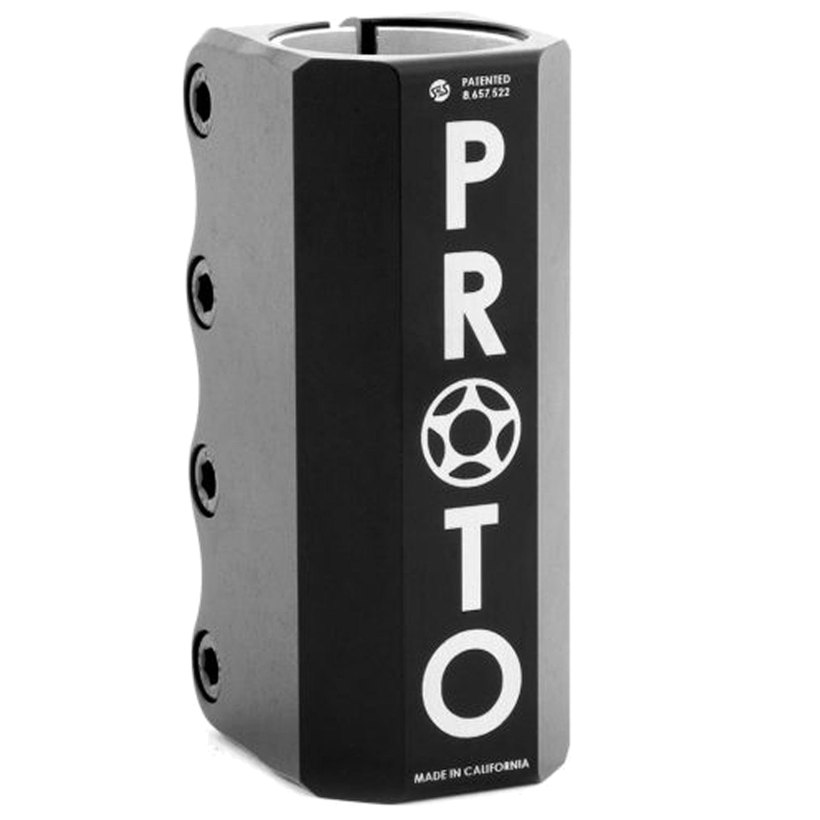 The Proto Full Knuckle V2 4 Bolt Oversized SCS Stunt Scooter Clamp - Black is a cylindrical metal clamp labeled "PROTO" with a distinctive star in the "O." It is designed for SCS scooter setups and features four hex socket screws on the left side. At the bottom, it proudly declares, "Made in California.