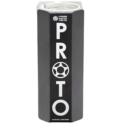 A stylish cylindrical black clamp prominently features the "PROTO" name vertically in white next to a circular logo. The text above highlights patents 8,857,522 and 9,308,160. Proudly crafted in California, this durable Proto Full Knuckle V2 4 Bolt Oversized SCS Stunt Scooter Clamp represents a top choice for scooter compression.