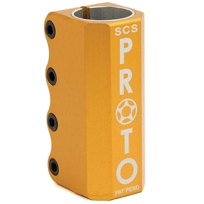Image of a gold Proto Full Knuckle V2 4 Bolt Oversized SCS Stunt Scooter Clamp featuring four black screws on the side and hexagonal cutouts designed to secure the scooter's handlebars. This standard compression SCS clamp ensures a secure fit for a smooth ride.