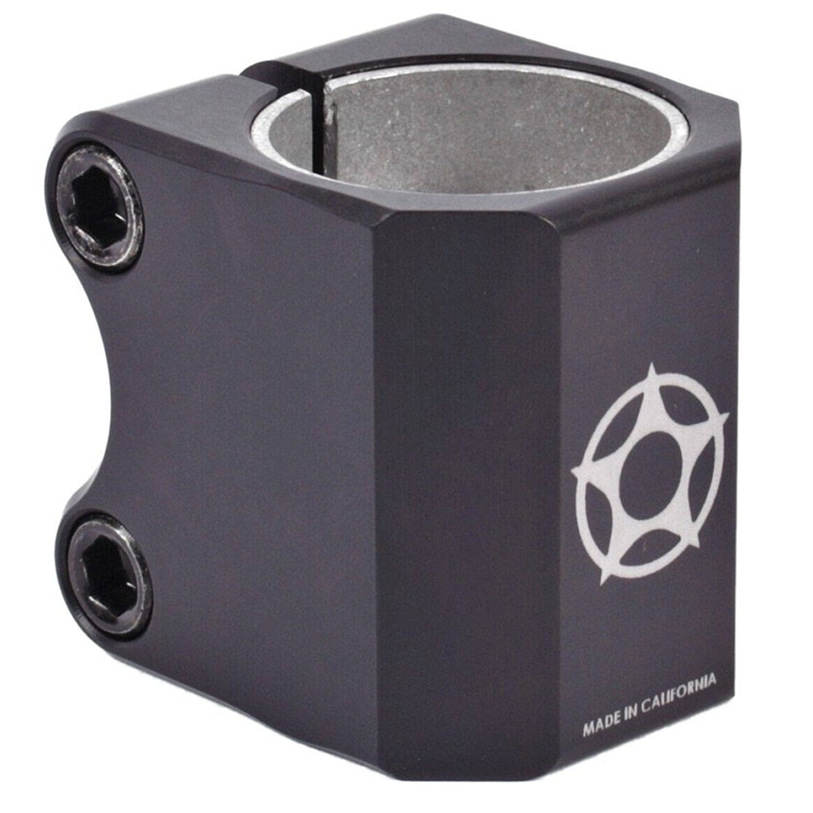 A Proto Half Knuckle 2 Bolt Oversized Stunt Scooter Clamp in black, featuring two visible hex screws on the side, a white Proto logo, and "Made in California" text. This durable clamp is designed for custom scooters and has a cylindrical opening at the top.