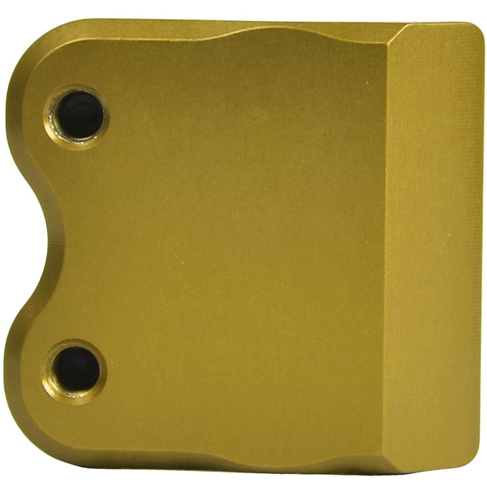 The Proto Half Knuckle 2 Bolt Oversized Stunt Scooter Clamp in gold, crafted by Proto, boasts a matte finish and features a curved edge on one side with two distinctive dark circular indentations. A small protrusion on the right enhances its functionality, making it perfect for custom scooter designs.