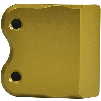 The Proto Half Knuckle 2 Bolt Oversized Stunt Scooter Clamp in gold, crafted by Proto, boasts a matte finish and features a curved edge on one side with two distinctive dark circular indentations. A small protrusion on the right enhances its functionality, making it perfect for custom scooter designs.