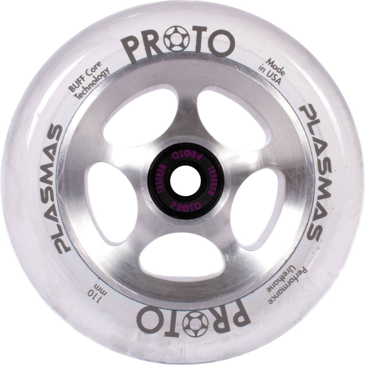 A close-up of the Proto Plasma 110mm Stunt Scooter Wheel - Starlight highlights the precision engineering that enhances durability and performance.