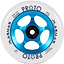 The image features the Proto Plasma 110mm Stunt Scooter Wheel in Clear and Electric Blue, highlighting a design with a white outer section and a blue core that includes multiple cutouts. It showcases the cutting-edge "Alien urethane" technology along with "BUFF Core Technology." The wheel is labeled as "PROTO Performance Ultralight," measures 110mm, and is proudly made in the USA by the brand Proto.